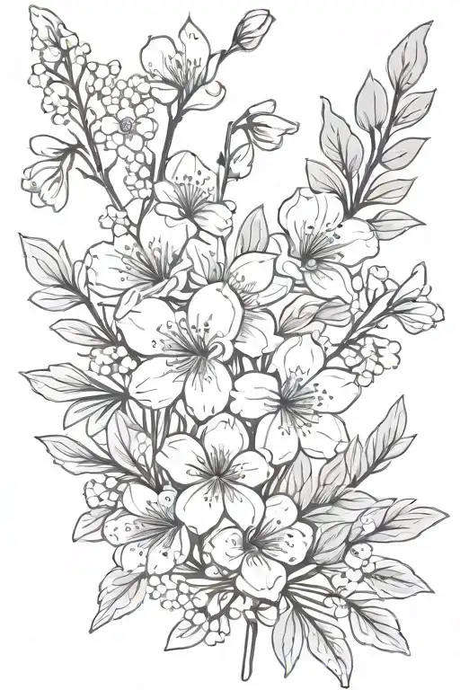 birth flower bouquet march and april with cherry blossoms, snow drops, violets, greenery tattoo design idea