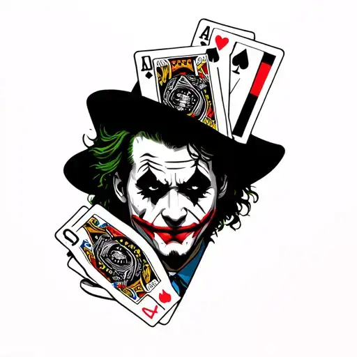 Tatoo with heath ledger as joker holding cards, on one card rico from pingwins of madagascar holding kalashnikov and on  tattoo design idea