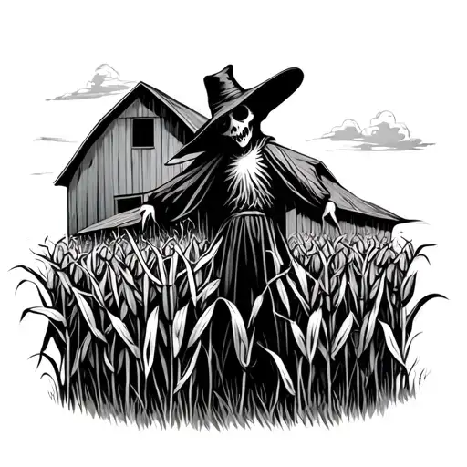 scare crow in a cornfield in front of a barn tattoo design idea