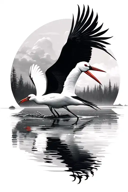 two siberian cranes in the water with a cinematic scenary tattoo design idea