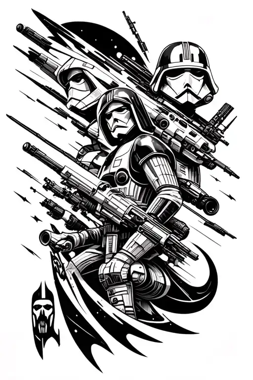 A realistic, detailed sci-fi tattoo design inspired by a galactic space opera, featuring Star Wars characters. The compo tattoo design idea