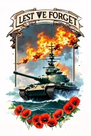 "Lest We Forget " spit fire flying in the skies. A challenger tank with poppies, navy ship in the sea. tattoo design idea