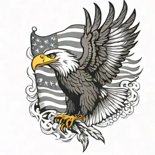 eagle soaring with feathers fading into American flag tattoo design idea