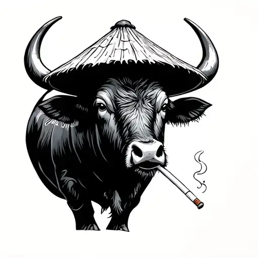 water buffalo smoking cigarette with a rice hat tattoo design idea