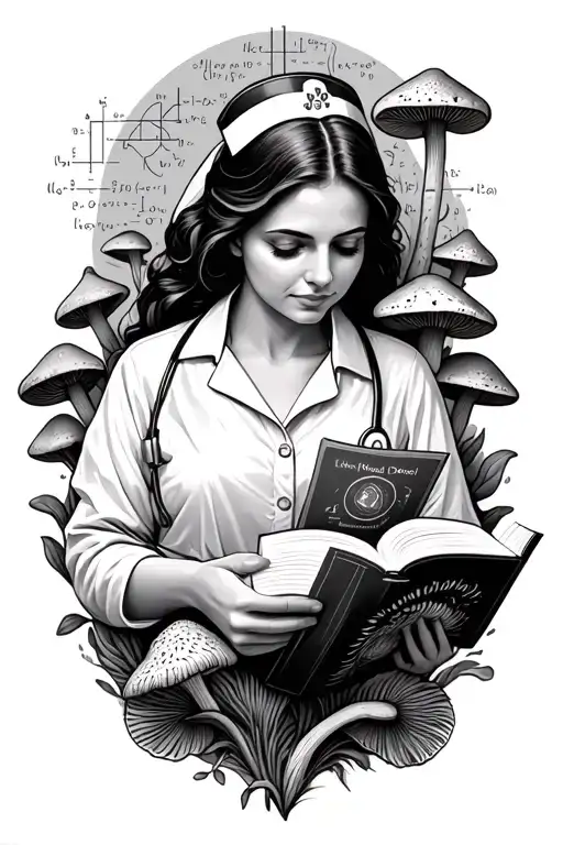 A black-grey tattoo of a nurse reading a book surrounded by Morel mushrooms and scientific equations tattoo design idea