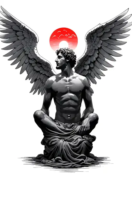 angels watching over a man sitting down looking up at the red sky tattoo design idea