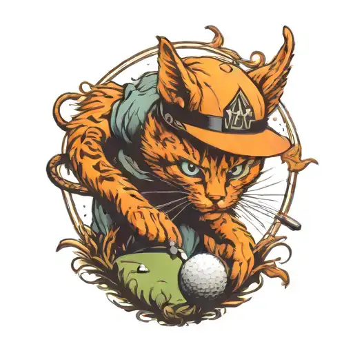 an evil orange cat golfing with devil horns tattoo design idea