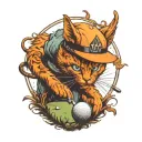 an evil orange cat golfing with devil horns tattoo design idea