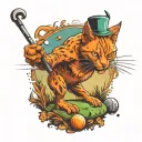 an evil orange cat golfing with devil horns tattoo design idea