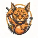 an evil orange cat golfing with devil horns tattoo design idea