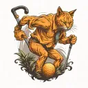 an evil orange cat golfing with devil horns tattoo design idea