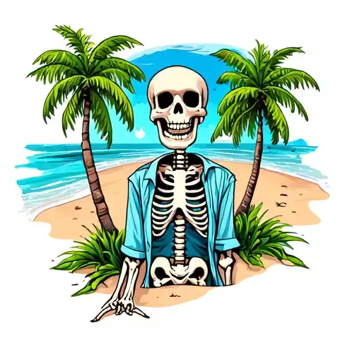 skeleton in a shirt on beach scene with palm trees tattoo design idea