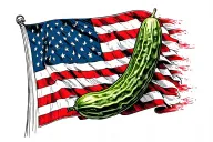realistic american flag, marine symbol, and a pickle tattoo design idea