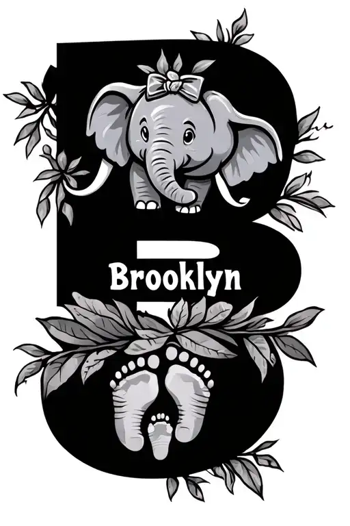tattoo with the name Brooklyn add a cartoon elephant to replace the B and add two baby footprints tattoo design idea