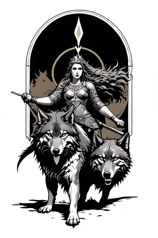 Germanic Warrior queen fighting a red wolf tattoo design idea