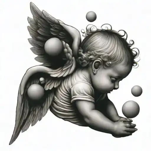 Baby angel watching statue reaching for planets tattoo design idea