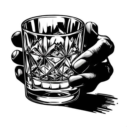 hand holding crystal whiskey glass by fingertips tattoo design idea