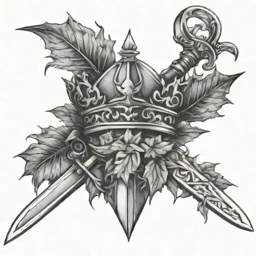 sword and crown wrapped in ivy leaves falling tattoo design idea