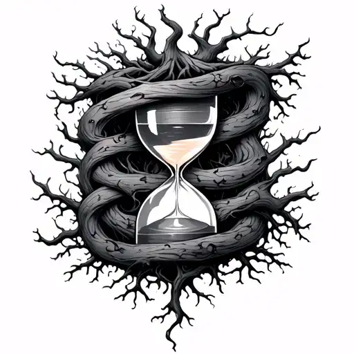 hourglass with tree roots wrapped tattoo design idea