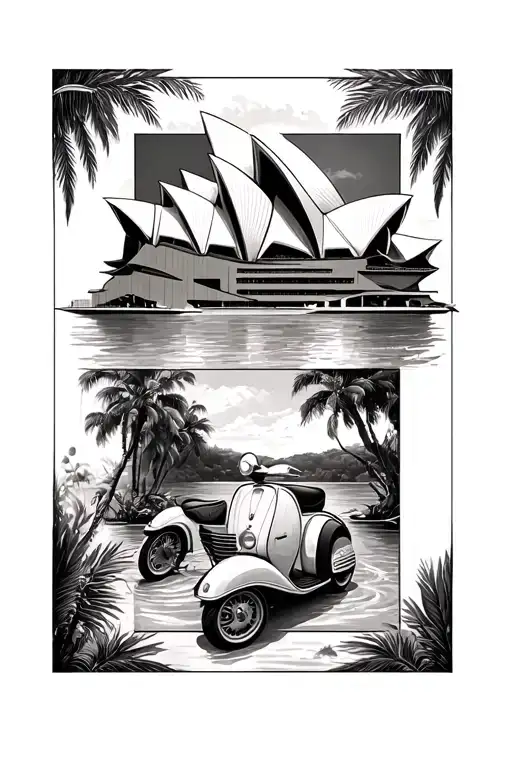 Design a lower arm tattoo including the following:Sydney opera houseAngkor Watt templeClassic VespaClassic VW campe tattoo design idea