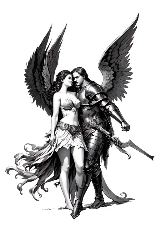Templar knight Angel in love with a Fairy woman tattoo design idea