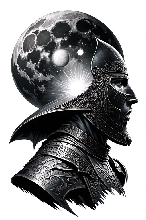 Space (realistic moon, galaxy/ see Milky Time passing knight/ sword head Leonard de Vincie statue, hive, shade tattoo design idea