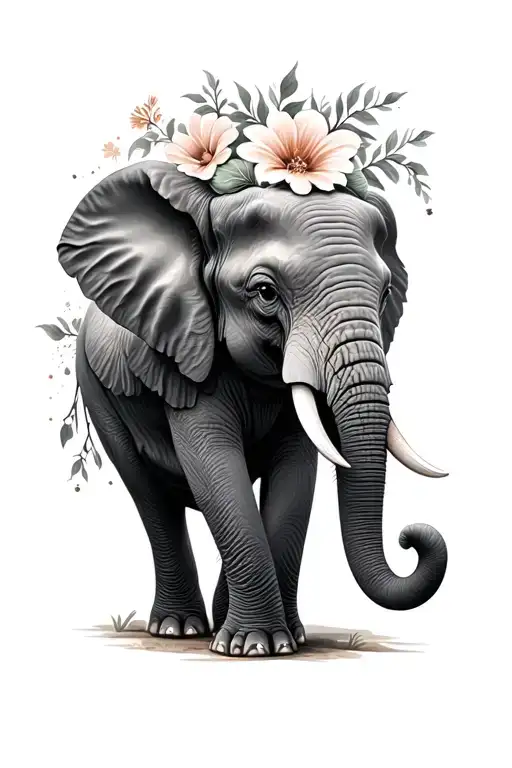 realistic elephant with flowers tattoo design idea
