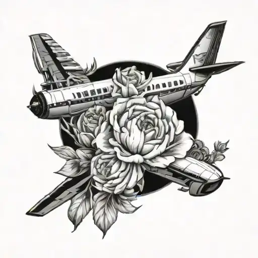 circle with Romanian land with a plane flying around and flowers on side tulips roses and Peonies tattoo design idea