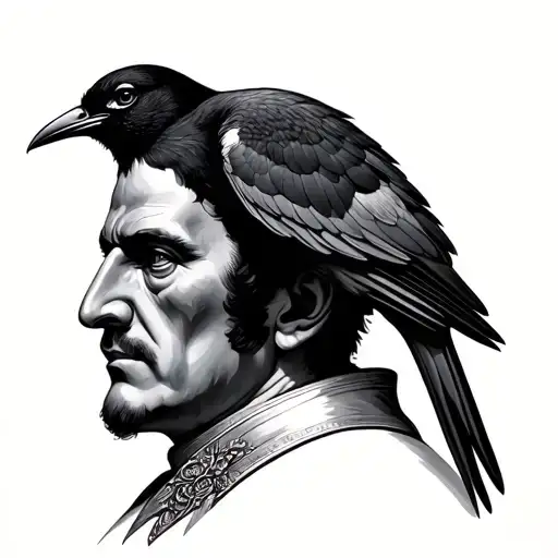 Black and white stylized realism portrait of Niccolo Machiavelli with a bird covering the upper portion of his face. tattoo design idea