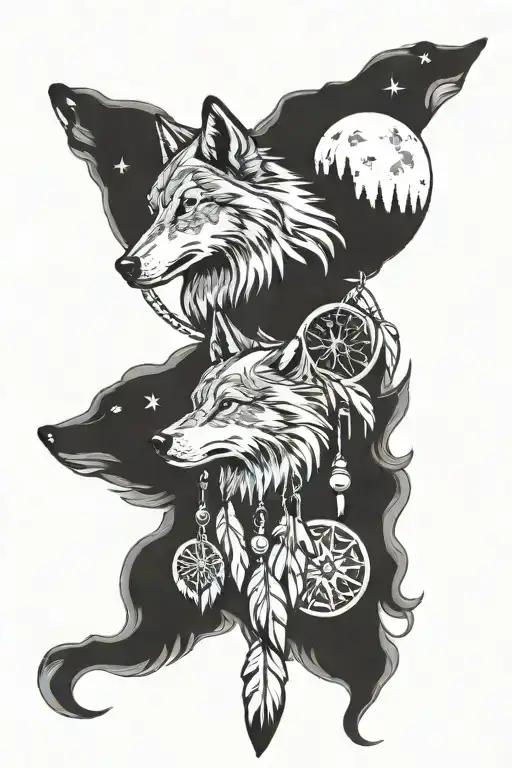 dream catcher and moon and wolf tattoo design idea