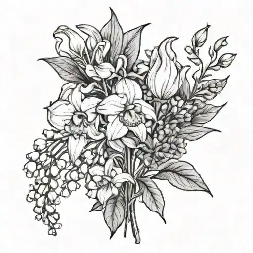 create an outline bouquet of these birth flowers : 2 lily of the valley, 1 poppy, 1 chrysanthemum, and 1 daffodil  tattoo design idea