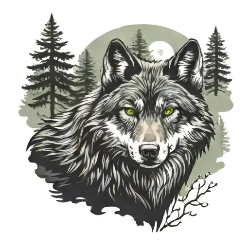 realistic black wolf with glowing white eyes standing on rock. background pine forest (dark green tall trees). tattoo design idea
