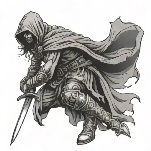 Full-length hooded warrior with lowered sword tattoo design idea