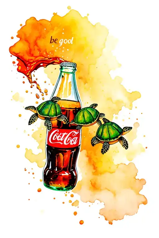 Using the words "be good" create a diet coke logo on a bottle pouring out turtles tattoo design idea
