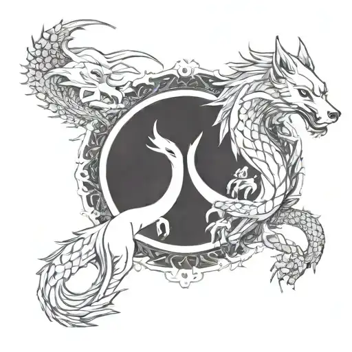 white wolf and black dragon wrapped tattoo design idea