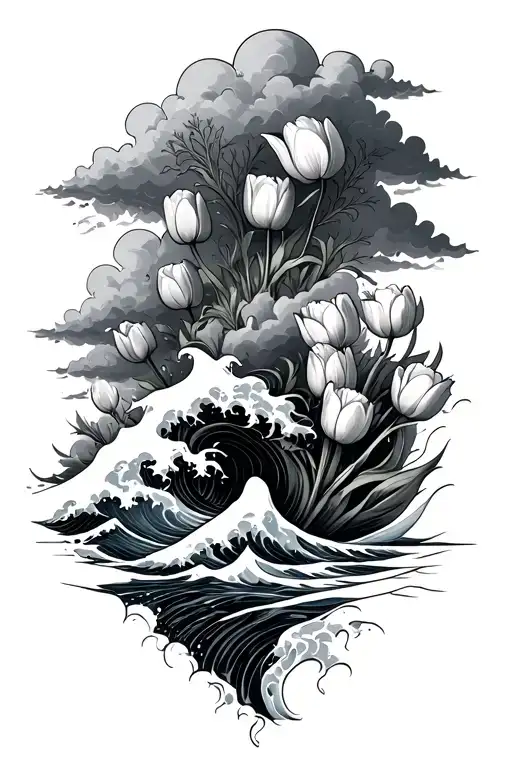 clouds forming the shape, ocean wave crashing, tulips, poison tree, and fog tattoo design idea