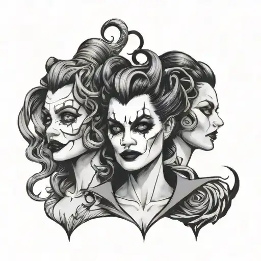 The Joker and Medusa and Maleficent 3 different characters minimalist tattoo design idea