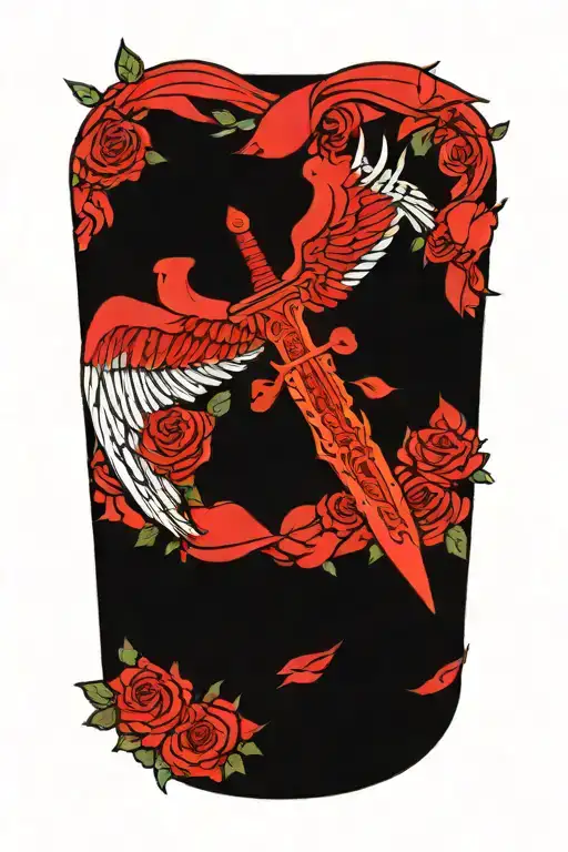 angel wings behind a sword, roses tattoo design idea