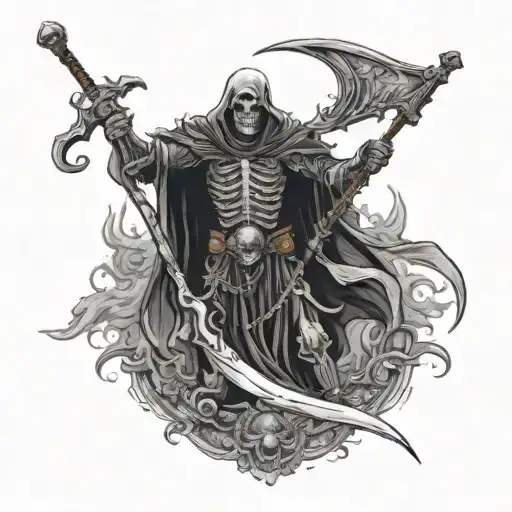 Below, emerging from the gray cloud-like fog, the Azrael has skeleton hands and a large ornate and embroidered scythe, t tattoo design idea