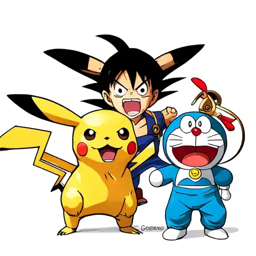Tattoo de Goku, Luffy, Oliver Atom, Picachu Y Doraemon Juntos tattoo design idea