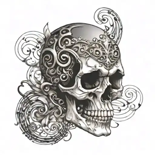 A hauntingly beautiful composition of a skull surrounded by swirling musical notes, creating a unique and artistic tattoo design tattoo design idea
