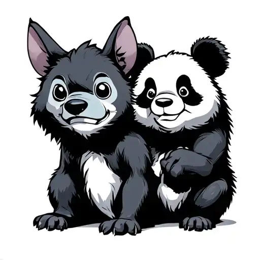 stitch, panda and Wolf betting on sport match And overthinking about all tattoo design idea