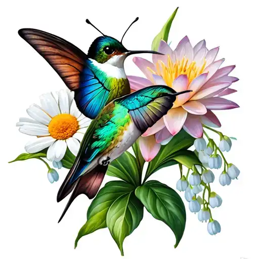 butterfly, hummingbird, water lily, daisy, lily of the valley tattoo design idea