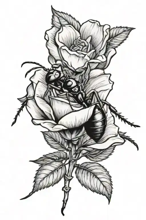 single ant coming out of a rose tattoo design idea