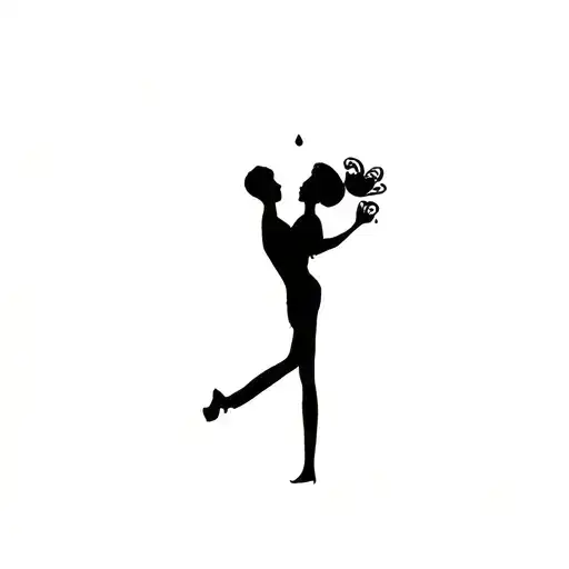 A silhouette of a couple dancing, very minimal, with a tiny teardrop as a subtle emotional accent tattoo design idea