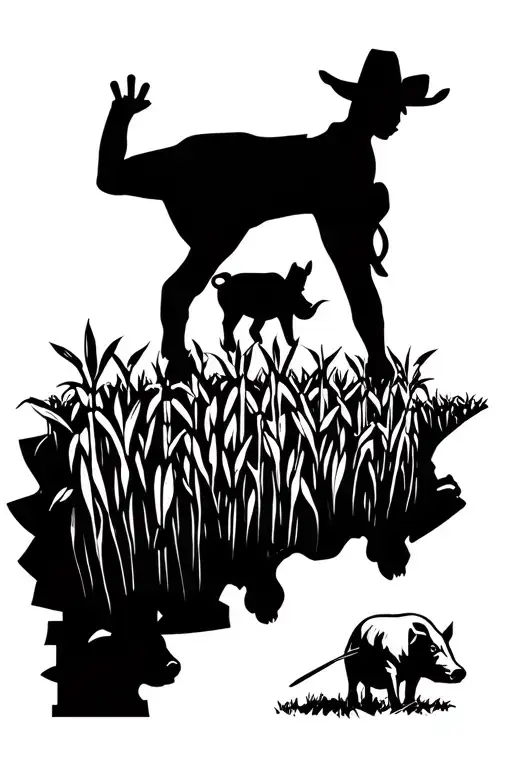 Iowa outline with corn field, pigs, rodeo, wrestling tattoo design idea