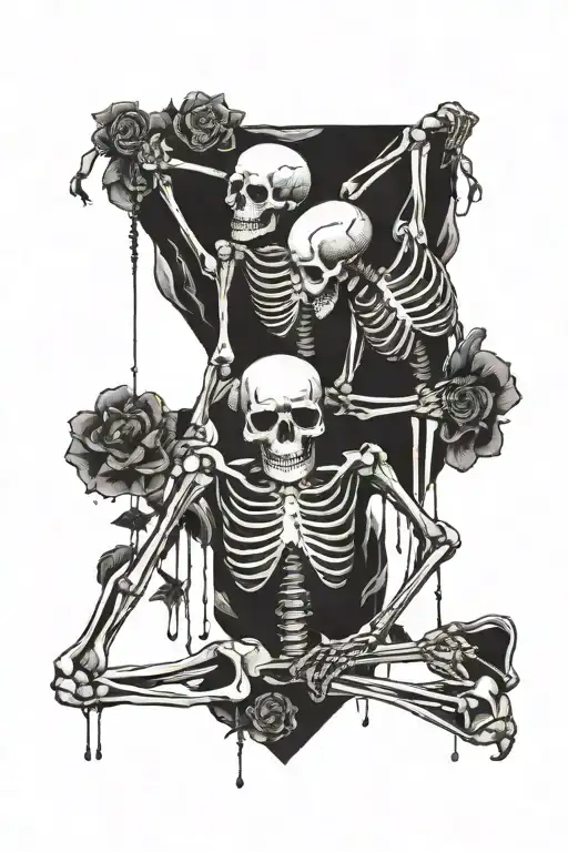 two skeletons in love are floating in the air looking at each other, one is hanging upside down and the other is just ha tattoo design idea