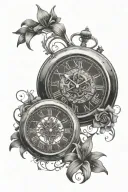 two legible clocks with roman numerals on face and space for child's name and birthday with a few stargazer lillies tattoo design idea