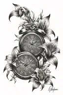 two legible clocks with roman numerals on face and space for child's name and birthday with a few stargazer lillies tattoo design idea