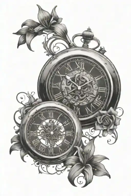 two legible clocks with roman numerals on face and space for child's name and birthday with a few stargazer lillies tattoo design idea